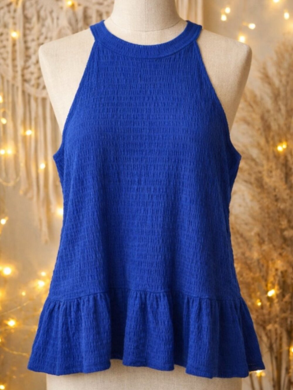 W5 Blue Yellow Crinkle Textured Halter Top M Boho Ruffle Hem Casual Chic Summer
